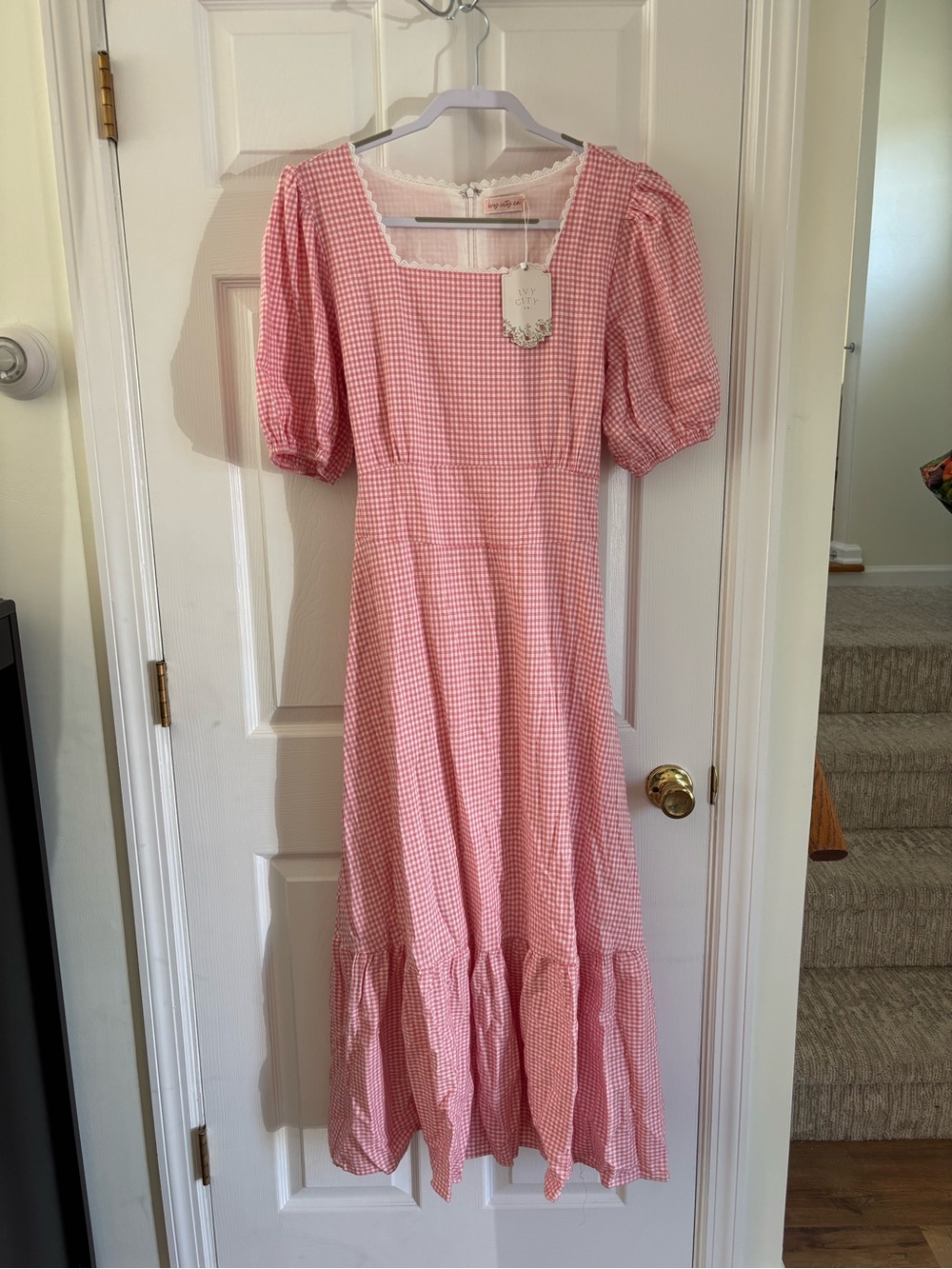 Ivy City Co Light Red Gingham Lace Square Neck Dress